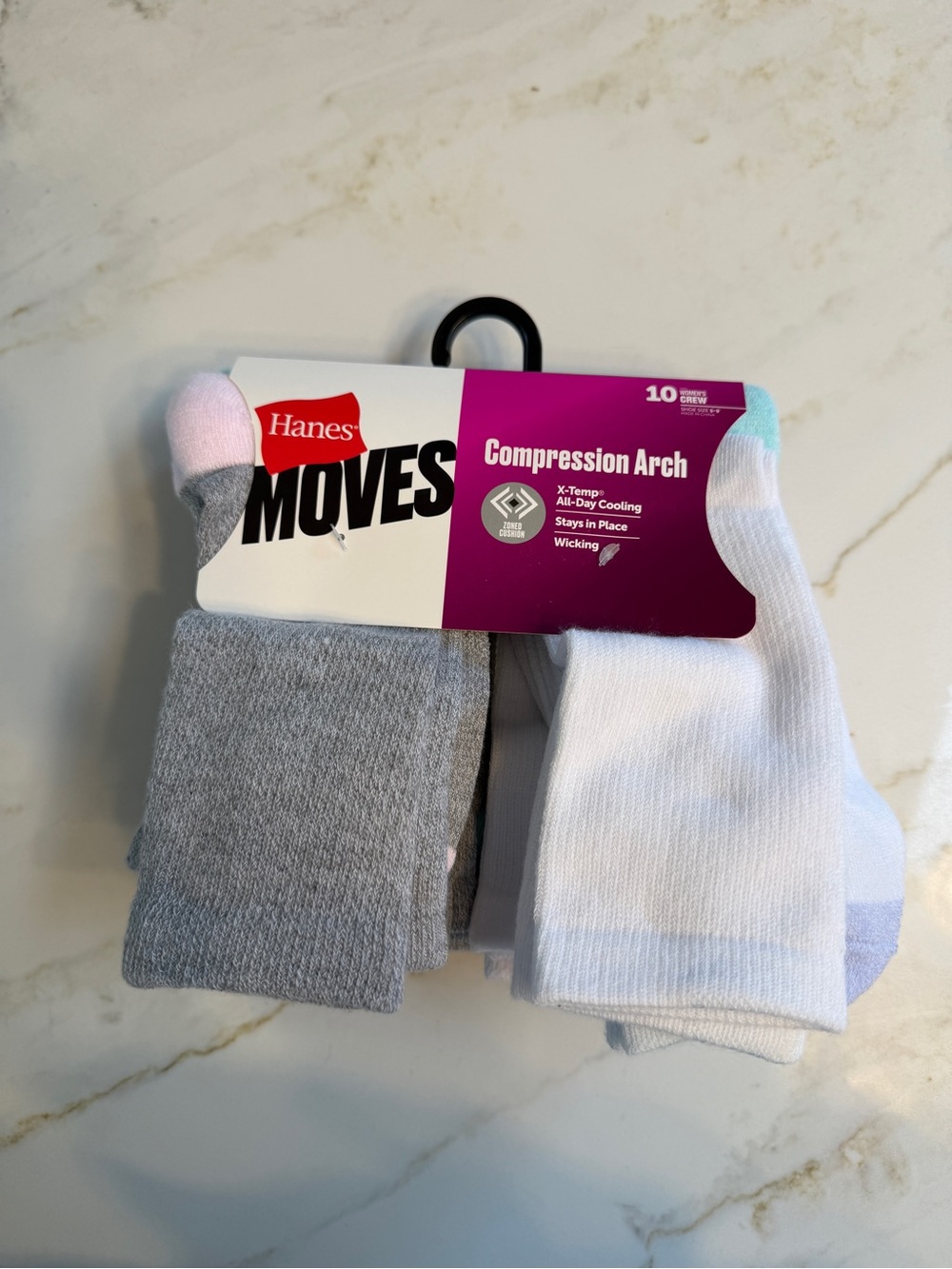 Hanes Moves Compression Arch Crew Socks - White, Gray, Pink & Aqua